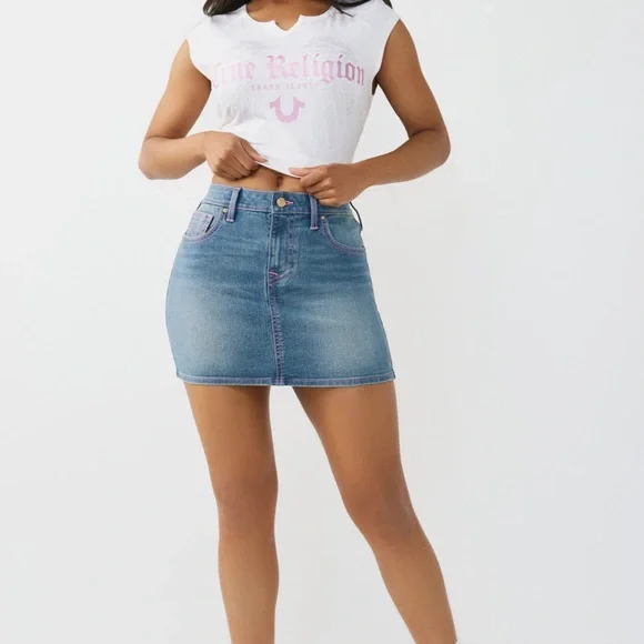 True Religion Blue Denim Mini Skirt with Pink Stitching - Picture 5 of 6